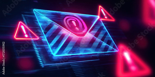 Fototapeta Phishing email concept with glowing digital envelope and alert symbols, representing cyber security threat and online email danger in futuristic digital environment