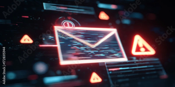 Fototapeta Phishing email concept with glowing digital envelope and warning signs, symbolizing cyber threat and online security risk in dark futuristic digital environment