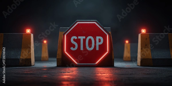 Fototapeta Stop sign with illuminated border and concrete barriers on dark road at night, creating dramatic and cautionary atmosphere