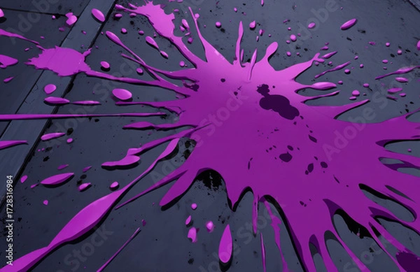Fototapeta Purple paint splatter on dark gray surface with glossy texture creates abstract and dynamic pattern, showing fluid motion and vibrant color contrast in close up view