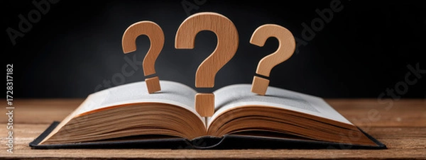 Fototapeta Open book with three wooden question marks standing on pages on wooden table, symbolizing curiosity and inquiry in learning or reading