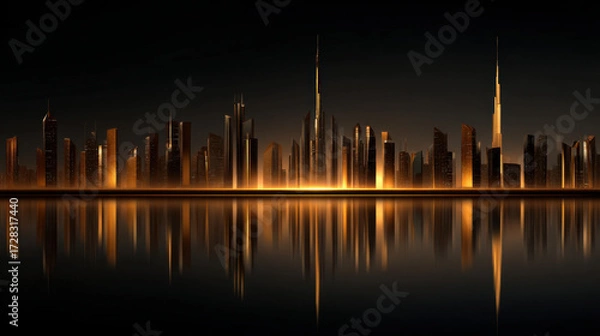Fototapeta Golden city skyline at night with modern skyscraper reflections on water, creating cinematic and realistic urban atmosphere with warm glowing lights
