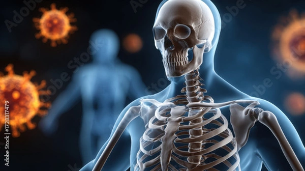 Fototapeta Human skeleton with virus particles floating around, symbolizing infection and immune response chaos inside body, highlighting reactive oxygen species impact on health