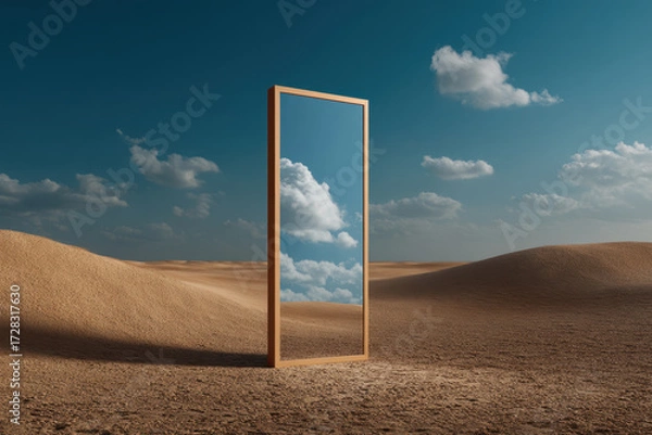 Fototapeta Tall mirror stands alone in vast desert landscape reflecting bright blue sky with fluffy white clouds, creating surreal and peaceful scene under natural sunlight