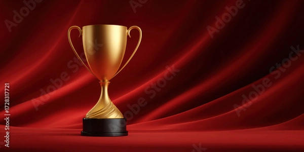 Fototapeta Golden trophy cup with black base stands on red surface with flowing red fabric background, symbolizing victory and achievement in dramatic setting