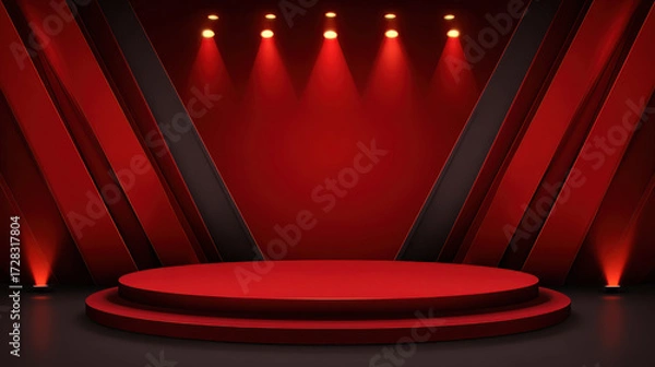 Fototapeta Red stage with spotlight and modern geometric background creates dramatic atmosphere for event or presentation in dark room with vibrant lighting