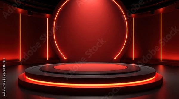 Fototapeta Red circular stage with glowing neon light strips creates futuristic and dramatic atmosphere in dark room, perfect for presentations or product displays