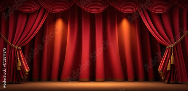 Fototapeta Red theater curtain with golden tassels and warm stage lighting creates elegant and dramatic atmosphere for performances and events