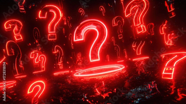 Fototapeta Red glowing question mark symbols floating in dark space create mysterious and futuristic atmosphere with vibrant neon light effects and reflections
