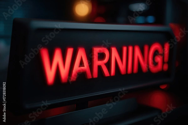 Fototapeta Warning sign glowing red light on dark background, alert message with bright neon effect, urgent caution symbol for safety and risk awareness in technology or industrial setting