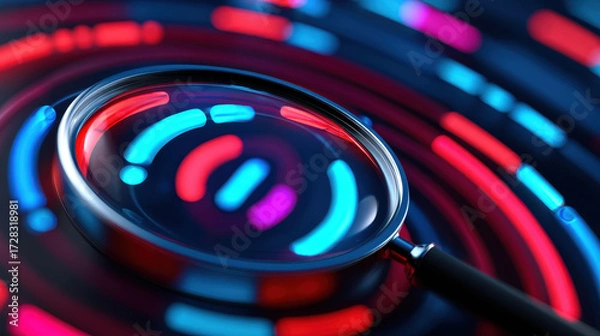 Fototapeta Magnifying glass technology neon light digital search focus blue red circle abstract close up lens futuristic glowing vibrant pattern background illuminated modern detail electronic innovation