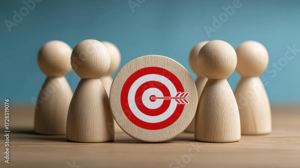 Fototapeta Wooden peg figures arranged around round target with arrow in bullseye, symbolizing focus, teamwork, and goal achievement in calm setting