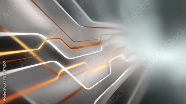 Fototapeta Soft technical background with enhanced perspective featuring glowing white and orange lines on smooth gray surface, creating futuristic and dynamic digital atmosphere