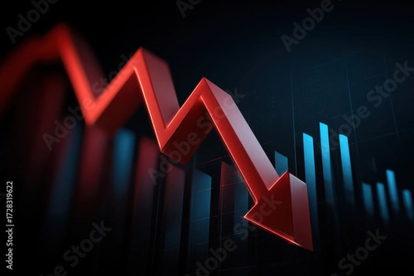Fototapeta Red arrow pointing downward over blue bar chart representing financial decline and market downturn in dark background