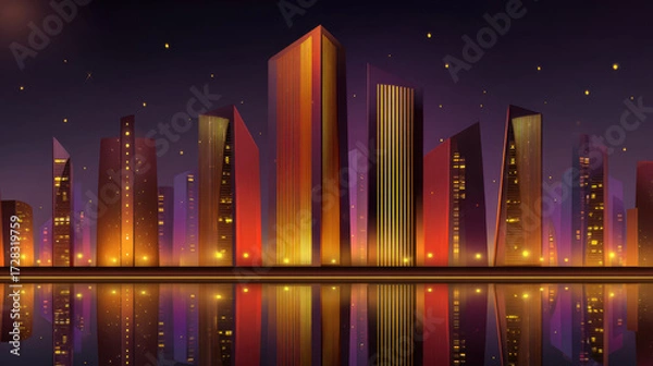 Fototapeta Stylized night cityscape with glowing skyscraper reflections on water under starry sky, featuring modern architecture and warm lighting creating vibrant urban atmosphere