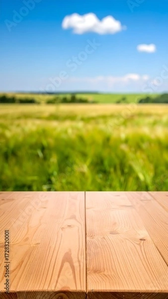 Fototapeta Warm wooden table surface invites you to enjoy a vibrant summer field and clear blue sky, perfect for outdoor product displays or rustic scenes.