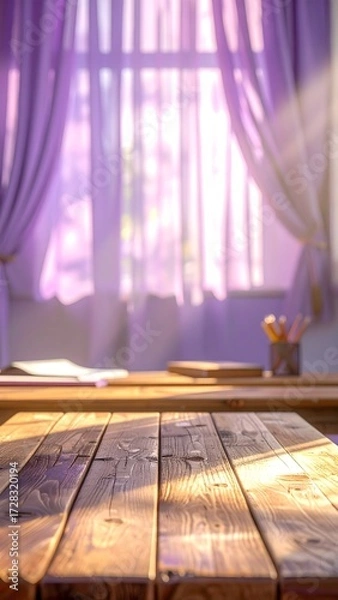 Fototapeta Warm sunlight streams through soft purple curtains onto a rustic wooden desk, creating a peaceful, inspiring study atmosphere for creative work and learning.