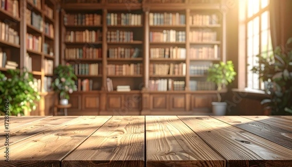 Fototapeta Warm sunlight streams across a rustic wooden table in a distinguished library setting filled with books and lush plants, evoking tranquility and wisdom.