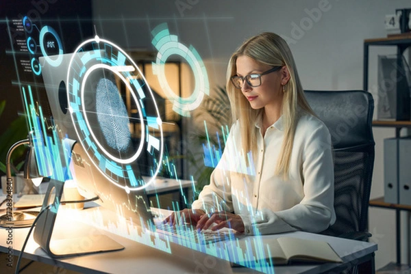 Fototapeta Business Woman At Keyboard With Futuristic Security Interface, Data Analytics, And Tech Visualization In Office