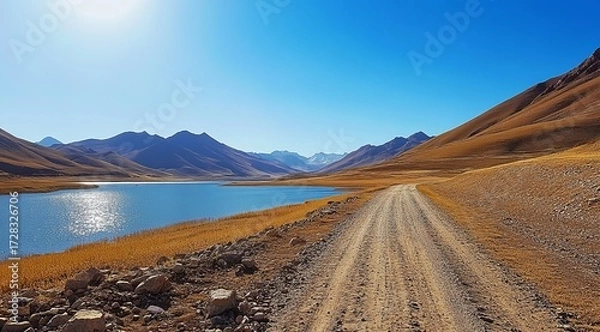 Fototapeta Dusty road winds through a valley to a lake.  Mountains surround