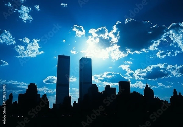Fototapeta Silhouette of NYC skyline, sunlit clouds, twin towers