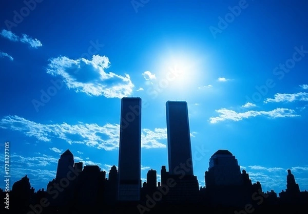 Fototapeta Silhouette of NYC skyline, twin towers