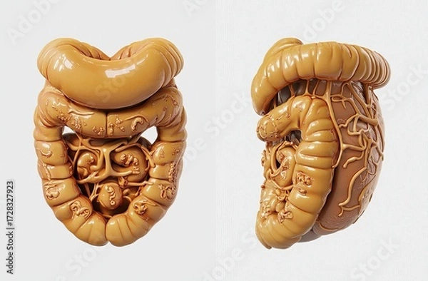 Fototapeta Two views of a stylized, 3D rendered digestive system,  showing organs in a light beige/orange hue, on a plain background