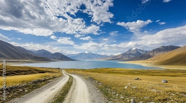 Fototapeta A dirt road winds through a golden meadow towards a serene lake, set against majestic mountains under a vibrant sky