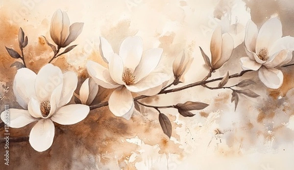 Fototapeta Delicate magnolia blossoms in soft beige and brown tones