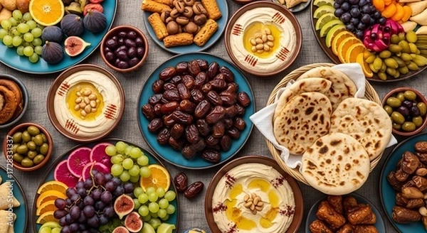 Fototapeta Colorful Food Arrangement with Hummus, Dates, Bread and Fruit