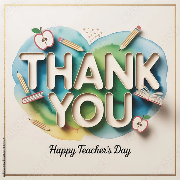 Fototapeta "3d typography, thank you text, apple illustration, gradient background, vintage style, decorative frame, teacher's day greeting card"
