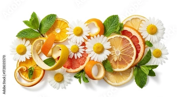 Obraz Vibrant Citrus and Floral Arrangement, Freshly Sliced Fruits and Flowers