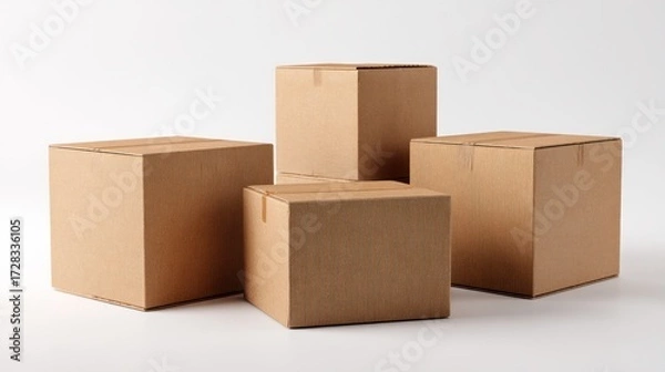 Fototapeta Group of four closed shipping boxes placed asymmetrically, some slightly rotated for realism, clear copy space on white background, perfect for moving company or packaging design