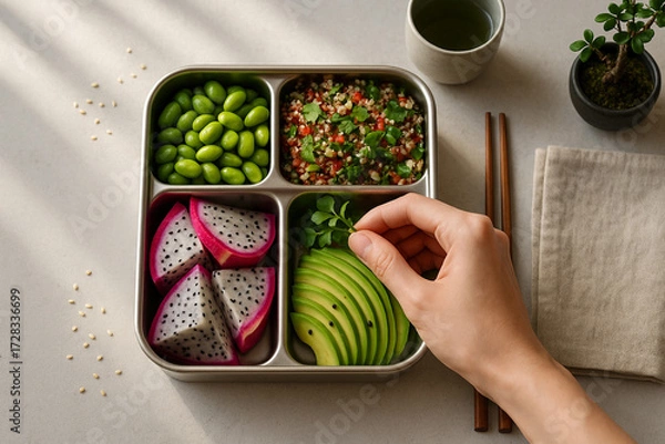 Fototapeta Hand arranging fresh greens on a gourmet, nutritious plant-based bento box, perfect for a balanced meal.