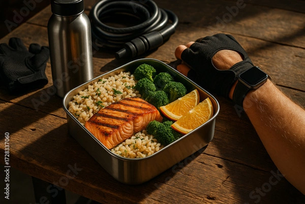 Fototapeta Nutritious meal prep: Grilled salmon, broccoli, grain, and orange in an eco-friendly lunchbox.