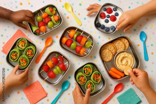 Fototapeta Colorful, healthy bento boxes with fresh fruit, veggie wraps, and yogurt enjoyed by diverse children.