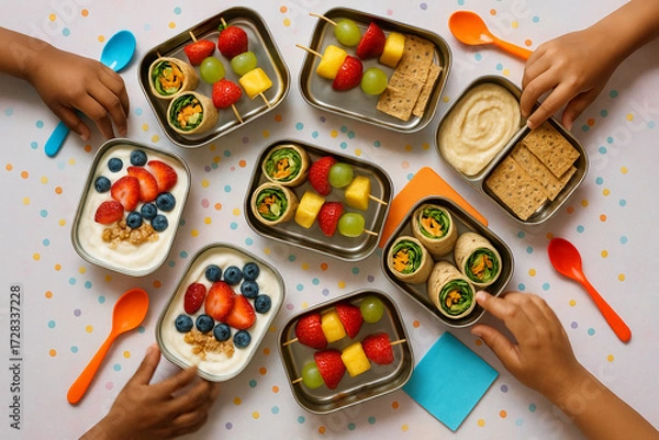 Fototapeta Colorful, healthy bento boxes with fresh fruit, veggie wraps, and yogurt enjoyed by diverse children.