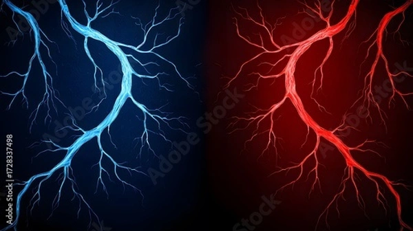 Fototapeta The image displays a striking contrast between red and blue fractal lightning bolts, set against a dark background, creating a visually dramatic and dynamic composition.