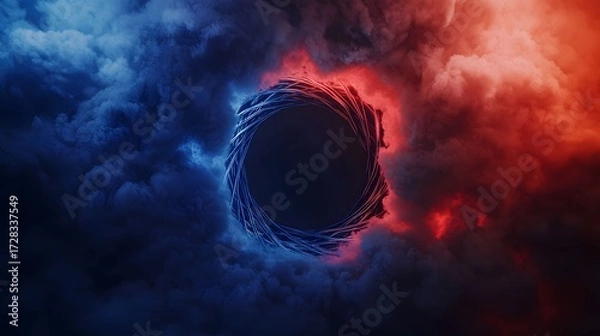 Fototapeta The image shows a circular formation of glowing strands, surrounded by blue and red clouds, creating a dramatic and mysterious atmosphere with stark color contrasts.