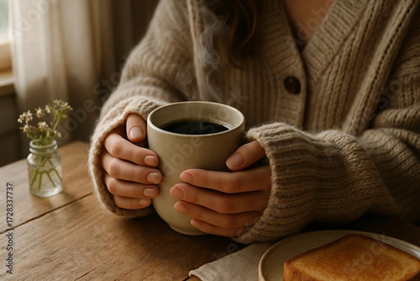 Fototapeta Hands in a soft sweater holding a warm cup of coffee on a wooden table with toast and flowers.