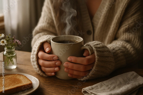 Fototapeta Hands in a soft sweater holding a warm cup of coffee on a wooden table with toast and flowers.