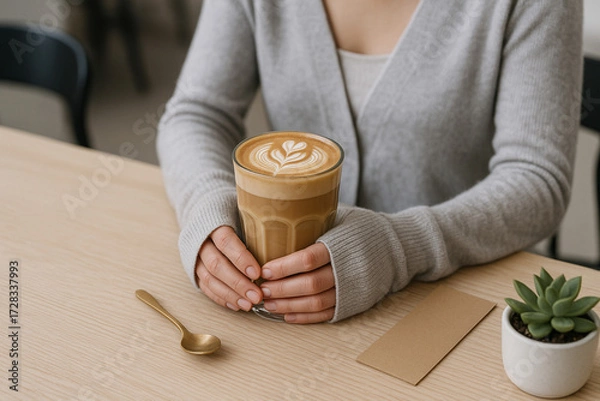 Fototapeta Minimalist café scene person in gray sweater holds a tall glass of latte with detailed art.