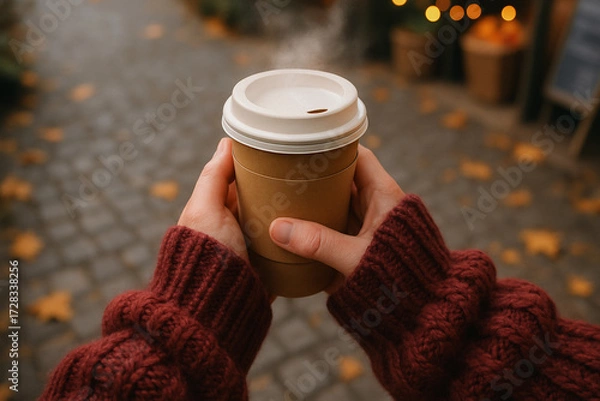 Fototapeta Steaming coffee in a paper cup held by hands in a warm sweater on a cool autumn day.