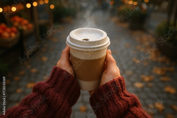 Fototapeta Steaming coffee in a paper cup held by hands in a warm sweater on a cool autumn day.