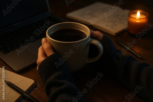 Fototapeta A warm mug of coffee, candlelight, and a notebook set the scene for quiet, creative work.