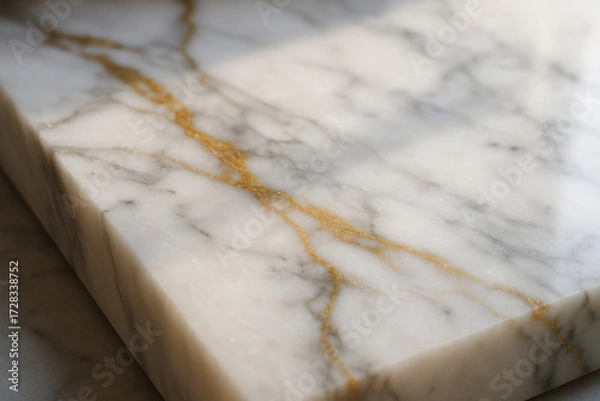Fototapeta Stunning natural stone texture: polished white marble surface with intricate, flowing gold striations.