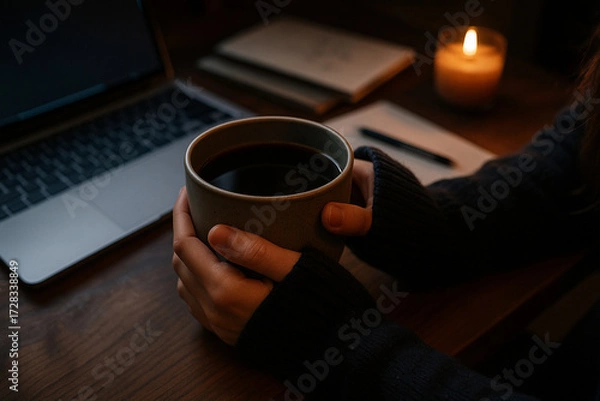 Fototapeta A warm mug of coffee, candlelight, and a notebook set the scene for quiet, creative work.
