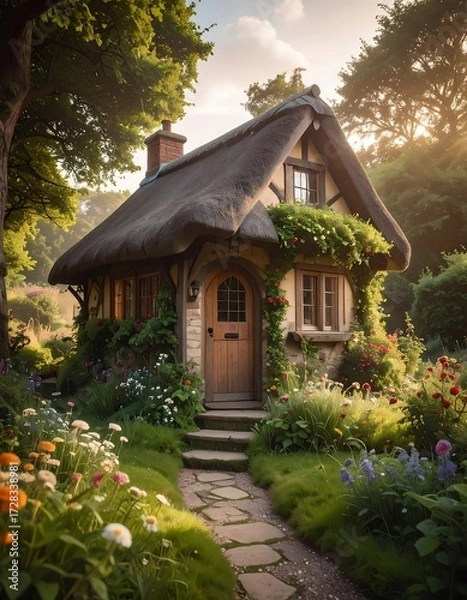 Fototapeta Quaint cottage nestled in a garden