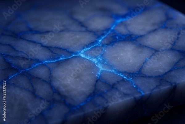 Fototapeta Electric blue glow highlights the natural cracks in a polished marble surface, a striking and futuristic pattern.