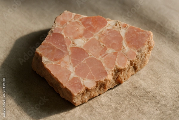 Fototapeta Close-up of a decorative stone slab with a unique pink breccia pattern for geology, crafts, or design.